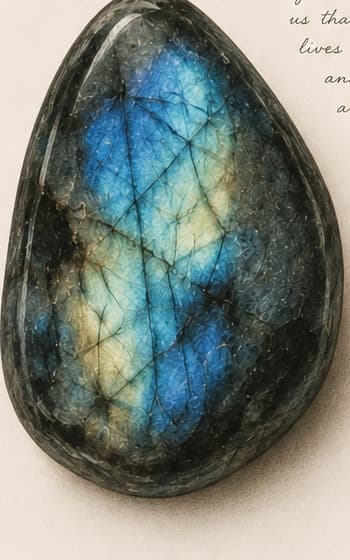 A polished labradorite stone shimmering with flashes of blue, green and gold