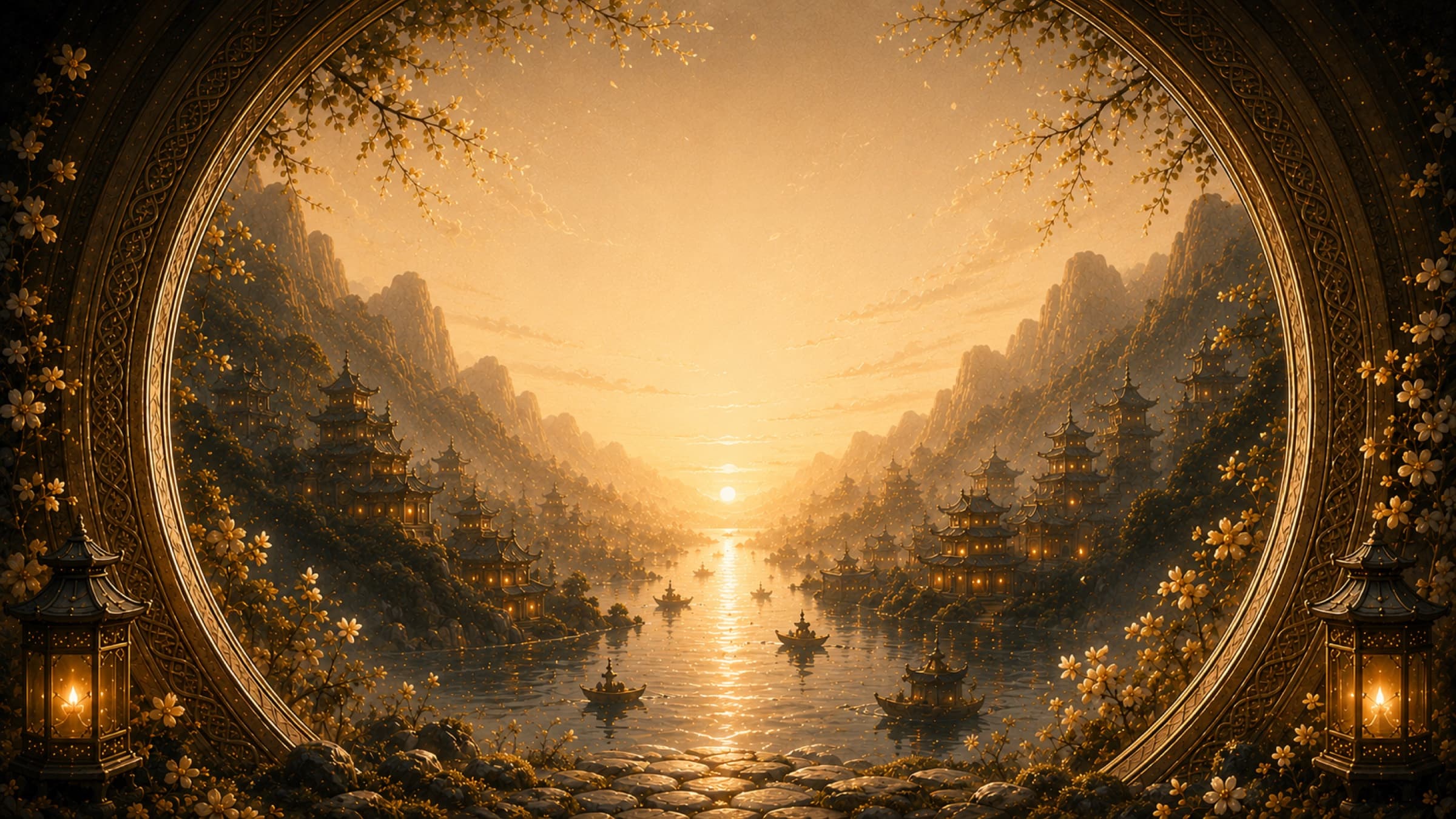 A golden valley at sunset — lantern-lit pagodas and boats on a river, framed by an ornate circular ring of blossoms